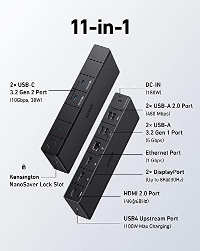 Докинг станция Anker 568 USB-C (11-в-1, USB4), Зареждане на до 100 Вата за лаптоп, прехвърляне на данни 40 gbps Ethernet, Единния дисплей 8K, Троен дисплей 4K, 6 USB порта и Нов Найлонов USB кабе?
