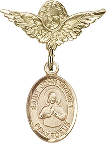 Детски икона Jewels Мания за талисман на Свети Джон Вианни и пин Ангел с крила | Детски иконата със златен пълнеж с амулет