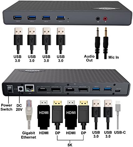 Diamond Multimedia USB 3.0, USB-C, Thunderbolt 3. Универсална докинг станция за лаптоп, двойна 4K при 60 Hz, единичен