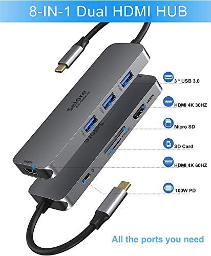 Адаптер 2 в 1 USB C до двойно HDMI адаптер 8 в 1 USB C до двойно HDMI, 3 USB 3.0, порт PD мощност 100 W, четец на карти