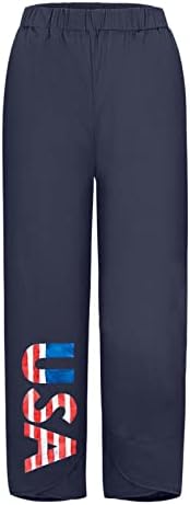 На 4 юли Памук, Ленени Панталони Дамски Летни Ежедневни Панталони с Джобове Американски Флаг Удобни Плажни Панталони