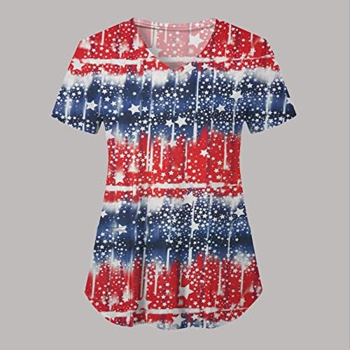 На 4 Юли, Тениски за жени с Флага на САЩ, Лятна Тениска с къс ръкав и V-образно деколте и 2 джобове, Блузи, Празнична
