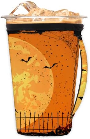 Halloween Night Pumpkins Crow за многократна употреба Кафе ръкав С лед с дръжка От Неопрен За Напитки, кафе лате, Чай,