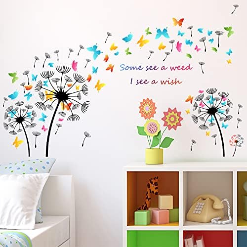Цветни Стикери за стена с Глухарчета, Атрактивни Стикери за стена с Летящи Пеперуди и Цветя, Подвижни, боядисани стени