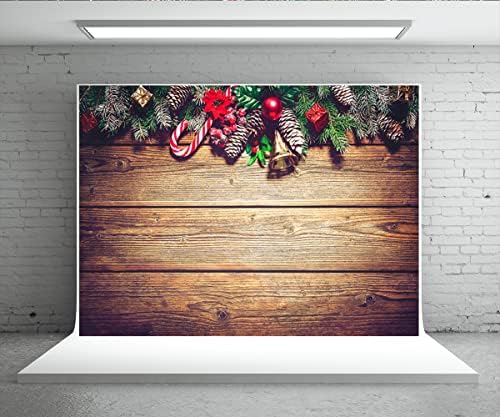 20x10ft Коледен Селски Дървен Ретро Фон Борови Клони, Тръстика Бонбони Коледна Камбанка Фон