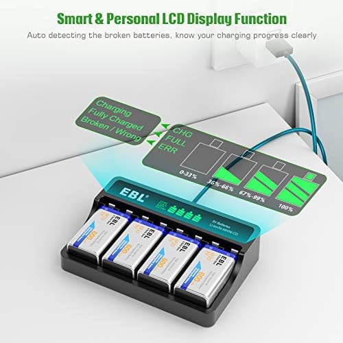 EBL 9V Литиево-йонни Акумулаторни Батерии 600mAh 4-Pack с LCD дисплей 9V Smart Battery Charger за 9-Волтови литиево-йонна