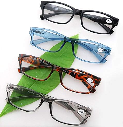 MODFANS 4 Опаковки Очила за четене Мъжки и Женски Правоъгълни Ридеры за мъже с Пружинным тръба на шарнирна Връзка Черен
