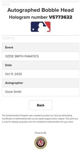 Ози Смит подписа фигурки St. Louis Кардиналите 02 FOCO 10 Bobblehead FANATICS MLB с голографическими автографи на MLB
