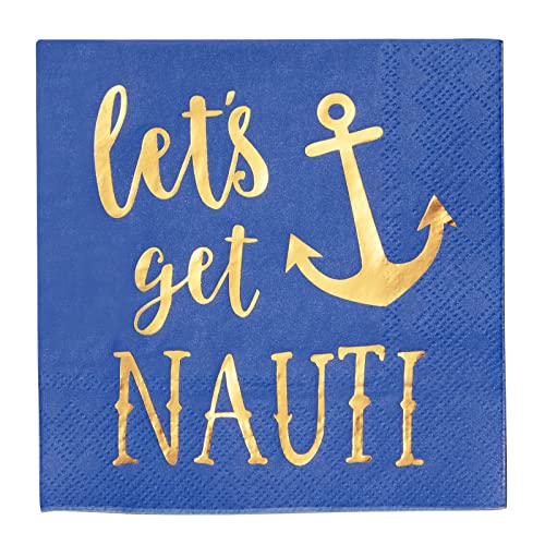 50 Опаковки Сини салфетки в морски стил за украса на моминско парти Let ' s Get Nauti, Котва от Златно фолио (5 х 5 инча)