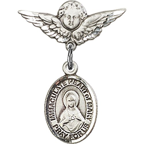 Иконата на Бебето от Сребро с Чар Непорочното сърце на Мария и Знака Ангел с крила 7/8 X 3/4 инча