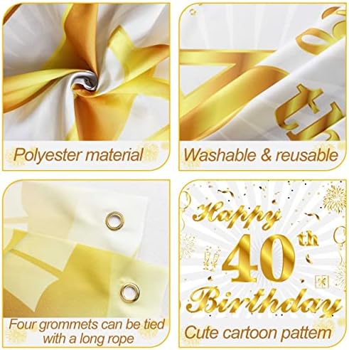 QIRCV 40th Birthday Party Background - Бял Златен Фон с 40-ти Рожден Ден на Банер за Фотобудки на 40-та Годишнина За