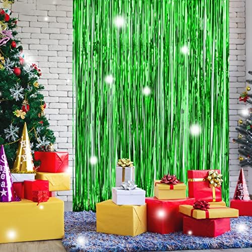 LOLStar 3 Опаковане на Коледни Пердета с Ресни от Фолио, Украса за Коледното парти, 3,3X6,6 фута, Зелена Завеса с Гирлянди,