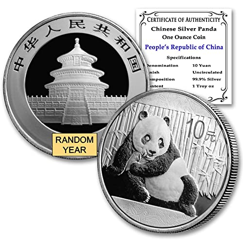 1989-2015 (Случаен година) Сребърна китайска монета с пандой с тегло 1 унция (в капсули) Блестящ Непреработена ¥10 БУ