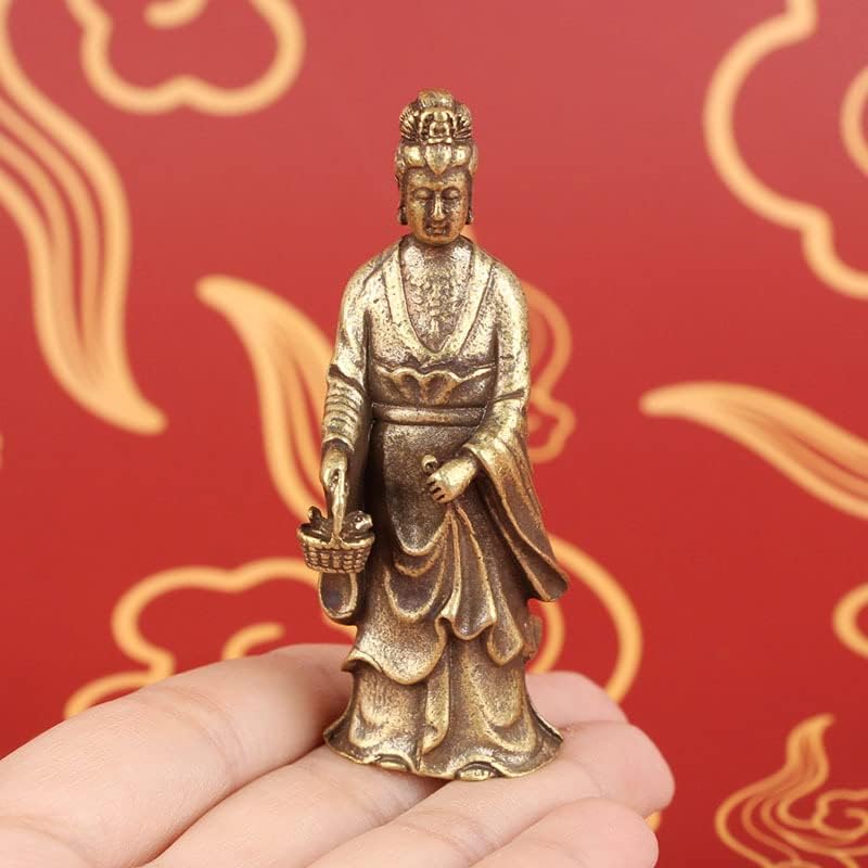 zhangruixuan-shop黄铜做旧提篮观音菩萨佛像桌面摆件仿古文玩老铜器观音像