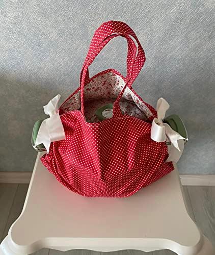 Чанта за носене на саксията от плат в червено грах и бяло цветенце от памук (двустранен) 16 инча (40 см) x24 инча